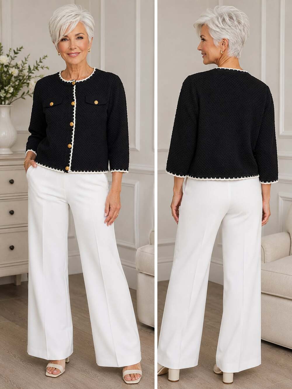 GRACE KARIN Black and White Contrast Trim Knit Cardigan Jacket with Gold Buttons